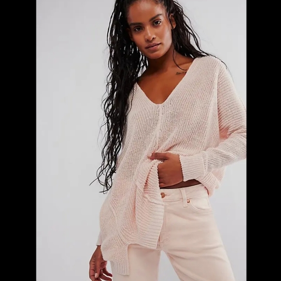 NEW Free People We The Free jamie Linen V-neck Sweater in Starfish Small $168 - Picture 3 of 11